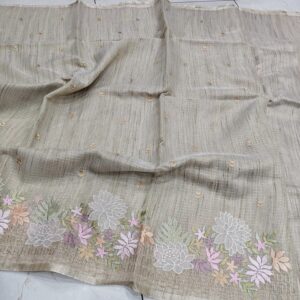 Handcrafted Sage Grey Kota Doria Saree with Floral Appliqué & Embroidery Border – Elegant Boutique Collection