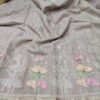 Handcrafted Lotus Bloom Kota Doria Saree with Appliqué & Embroidery Work – Dusty Taupe Grey Floral Designer Saree