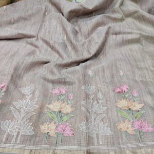 Handcrafted Lotus Bloom Kota Doria Saree with Appliqué & Embroidery Work – Dusty Taupe Grey Floral Designer Saree