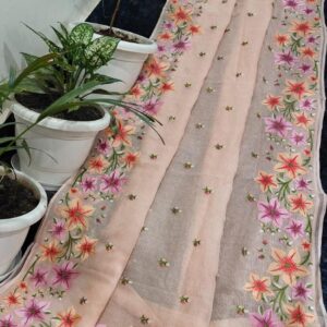 Handcrafted Pure Kota Doria Saree with Floral Hand Embroidery | Blush Peach Lightweight Ethnic Saree with Running Blouse Piece