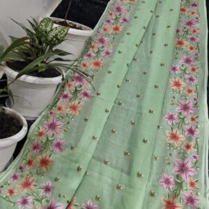 Handcrafted Pure Kota Doria Saree with Floral Hand Embroidery | Pastel Mint Green Lightweight Saree with Running Blouse Piece