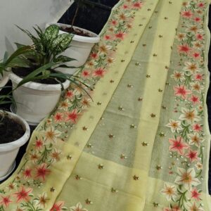 Handcrafted Pure Kota Doria Saree with Floral Hand Embroidery | Pastel Lemon Yellow Lightweight Ethnic Saree with Running Blouse Piece