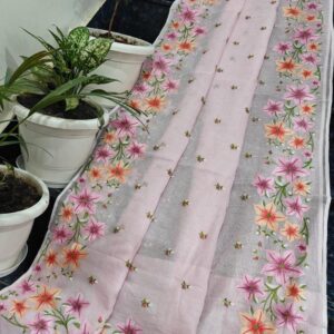 Handcrafted Pure Kota Doria Saree with Floral Hand Embroidery | Soft Baby Pink Lightweight Ethnic Saree with Running Blouse Piece