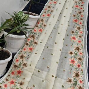 Handcrafted Pure Kota Doria Saree with Floral Hand Embroidery | Ivory White Lightweight Ethnic Saree with Running Blouse Piece