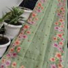 Handcrafted Pure Kota Doria Saree with Floral Hand Embroidery Border | Pastel Mint Green Lightweight Ethnic Saree with Running Blouse