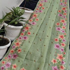 Handcrafted Pure Kota Doria Saree with Floral Hand Embroidery Border | Pastel Mint Green Lightweight Ethnic Saree with Running Blouse