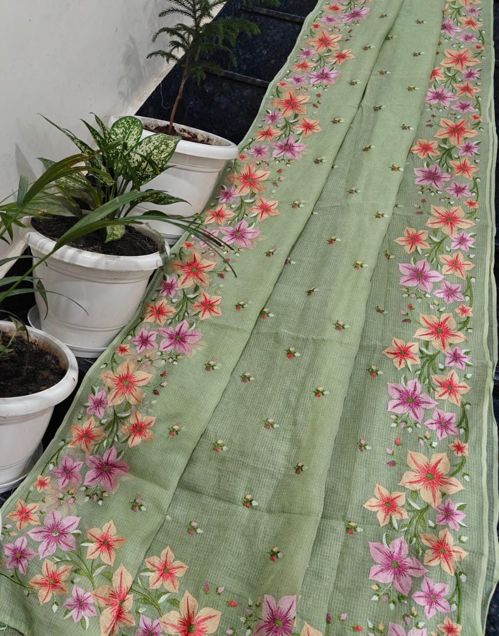 Handcrafted Pure Kota Doria Saree with Floral Hand Embroidery Border | Pastel Mint Green Lightweight Ethnic Saree with Running Blouse
