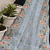 Handcrafted Pure Kota Doria Saree with Floral Hand Embroidery Border | Powder Blue Lightweight Ethnic Saree with Running Blouse