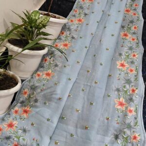 Handcrafted Pure Kota Doria Saree with Floral Hand Embroidery Border | Powder Blue Lightweight Ethnic Saree with Running Blouse