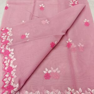 Handcrafted Dusty Pink Kota Doria Saree with Floral Hand Embroidery & Designer Cutwork Border | Lightweight Ethnic Saree with Running Blouse