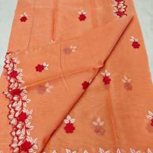 Handcrafted Peach Kota Doria Saree with Floral Hand Embroidery & Designer Cutwork Border | Lightweight Ethnic Saree with Running Blouse
