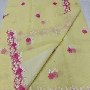 Handcrafted Lemon Yellow Kota Doria Saree with Pink Floral Hand Embroidery & Designer Cutwork Border | Lightweight Ethnic Saree with Running Blouse