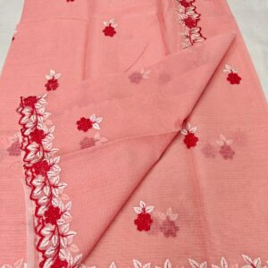 Handcrafted Blush Pink Kota Doria Saree with Floral Hand Embroidery & Designer Cutwork Border | Lightweight Ethnic Saree with Running Blouse