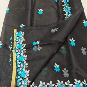 Handcrafted Black Kota Doria Saree with Turquoise Floral Hand Embroidery & Designer Cutwork Border | Lightweight Ethnic Saree with Running Blouse