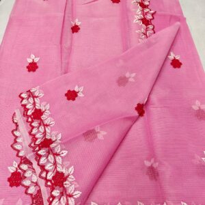 Handcrafted Baby Pink Kota Doria Saree with Red Floral Hand Embroidery & Designer Cutwork Border | Lightweight Ethnic Saree with Running Blouse