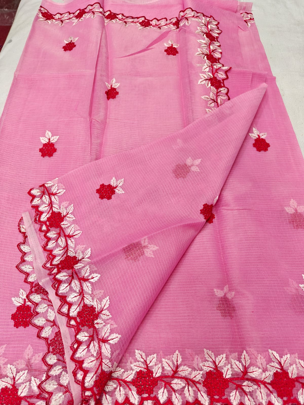 Handcrafted Baby Pink Kota Doria Saree with Red Floral Hand Embroidery & Designer Cutwork Border | Lightweight Ethnic Saree with Running Blouse