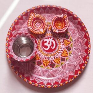 Hand-Painted Aipan Art Pooja Thali Set – 12 Inch Stainless Steel Plate with Kalash & Diya | Traditional Red Puja Thali for Festivals & Religious Ceremonies