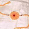 Handmade Peach Crochet Rakhi with Red Stone & Pearl Beads | Eco-Friendly Plant Fiber Raksha Bandhan Rakhi | Free Size