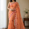 Handcrafted Peach Kota Doria Saree with Floral Hand Embroidery & Designer Cutwork Border | Lightweight Ethnic Saree with Running Blouse