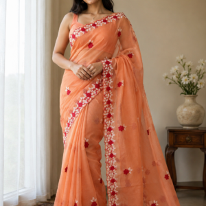 Handcrafted Peach Kota Doria Saree with Floral Hand Embroidery & Designer Cutwork Border | Lightweight Ethnic Saree with Running Blouse