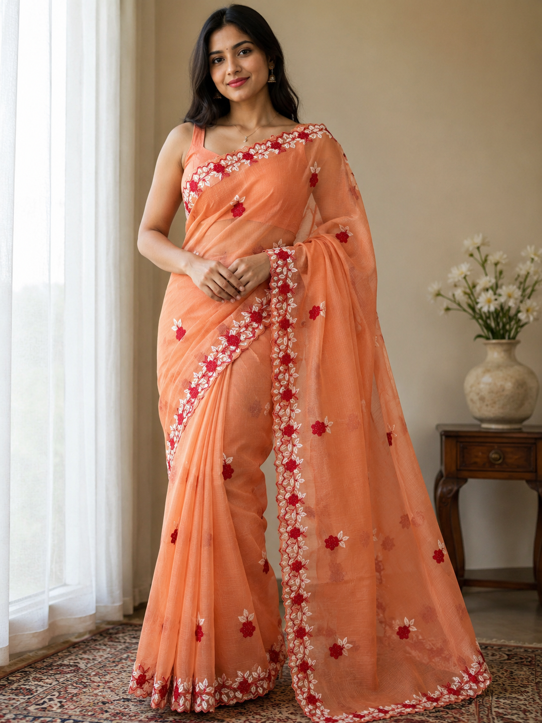 Handcrafted Peach Kota Doria Saree with Floral Hand Embroidery & Designer Cutwork Border | Lightweight Ethnic Saree with Running Blouse