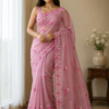 Handcrafted Dusty Pink Kota Doria Saree with Floral Hand Embroidery & Designer Cutwork Border | Lightweight Ethnic Saree with Running Blouse