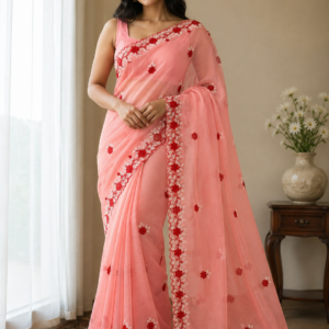 Handcrafted Blush Pink Kota Doria Saree with Floral Hand Embroidery & Designer Cutwork Border | Lightweight Ethnic Saree with Running Blouse