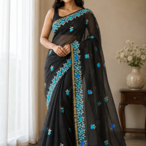 Handcrafted Black Kota Doria Saree with Turquoise Floral Hand Embroidery & Designer Cutwork Border | Lightweight Ethnic Saree with Running Blouse