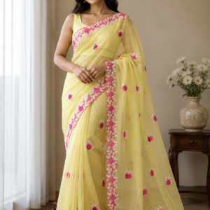 Handcrafted Lemon Yellow Kota Doria Saree with Pink Floral Hand Embroidery & Designer Cutwork Border | Lightweight Ethnic Saree with Running Blouse