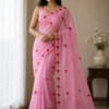 Handcrafted Baby Pink Kota Doria Saree with Red Floral Hand Embroidery & Designer Cutwork Border | Lightweight Ethnic Saree with Running Blouse