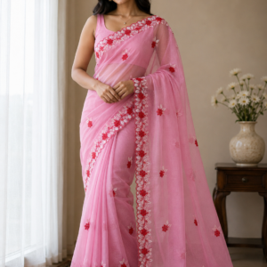 Handcrafted Baby Pink Kota Doria Saree with Red Floral Hand Embroidery & Designer Cutwork Border | Lightweight Ethnic Saree with Running Blouse