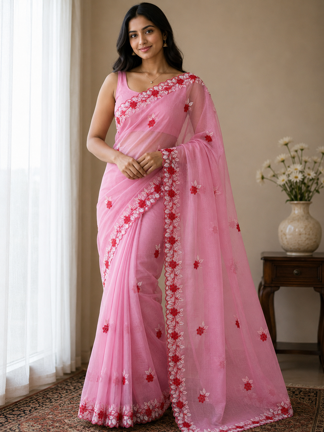 Handcrafted Baby Pink Kota Doria Saree with Red Floral Hand Embroidery & Designer Cutwork Border | Lightweight Ethnic Saree with Running Blouse