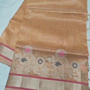 Handwoven Peach Kota Tissue Saree with Floral Zari Border Elegant Festive Handloom Saree | Running Blouse | Free Size