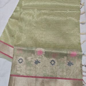 Handwoven Sage Green Kota Tissue Saree with Floral Zari Border Elegant Handloom | Running Blouse | Free Size
