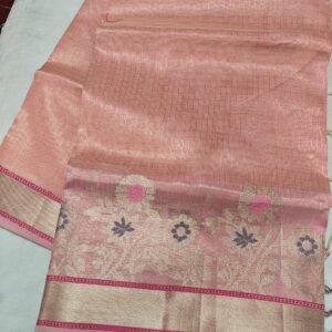 Handwoven Blush Pink Kota Tissue Saree with Floral Zari Border Premium Handloom Festive Saree | Running Blouse | Free Size