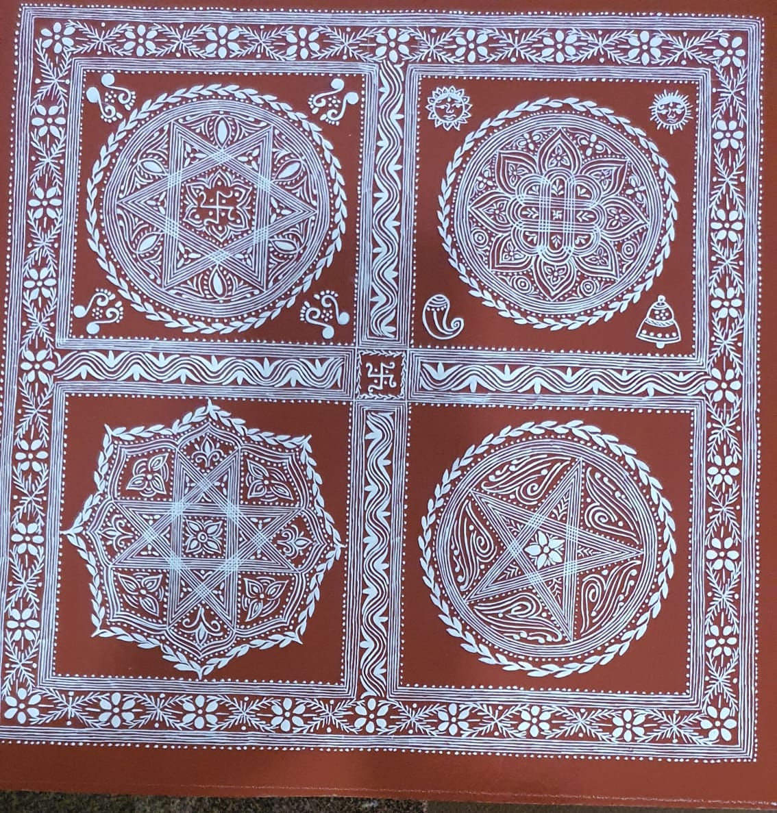 Hand-Painted Aipan Art Chowki Collection on Geru Canvas | Lakshmi, Pooja, Saraswati & Ashtadal Sacred Designs | 1.5 x 1.5 Ft Traditional Uttarakhand Wall Art