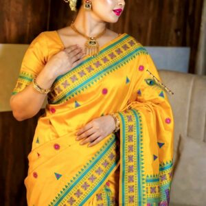 Premium Assam Gachi Tussar Silk Saree in Mustard Yellow & Teal Green | Traditional Handcrafted Motifs & Designer Border with Blouse Piece