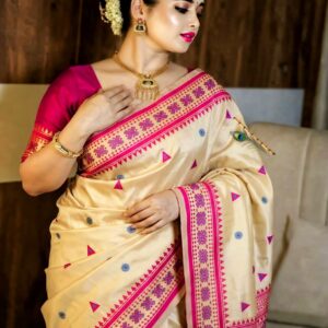Premium Assam Gachi Tussar Silk Saree in Elegant Cream & Pink with Traditional Handcrafted Motifs, Designer Border & Blouse Piece