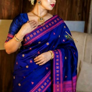 Premium Assam Gachi Tussar Silk Saree in Royal Blue & Magenta Pink with Traditional Handcrafted Motifs