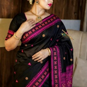 Premium Assam Gachi Tussar Saree in Black & Magenta Pink | Handcrafted Geometric Motifs, Traditional Designer Border & Blouse Piece