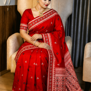 Premium Assam Gachi Tussar Silk Saree in Vibrant Red with Traditional Geometric Handcrafted Motifs & Blouse Piece