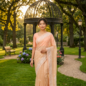 Peach Pure Organza Muslin All-over Handworked Saree with Blouse Piece