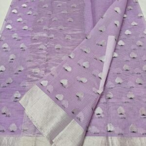 Pure Kota Doria Lavender Saree with Silver Zari Handwoven Motifs & Border