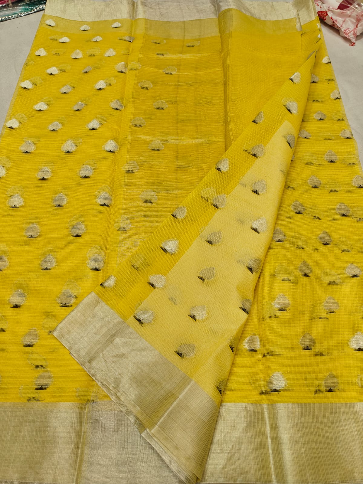 Pure Kota Doria Mustard Yellow Saree with Silver Zari Handwoven Motifs & Border