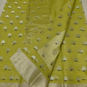 Pure Kota Doria Lime Green Saree with Silver Zari Handwoven Motifs & Border