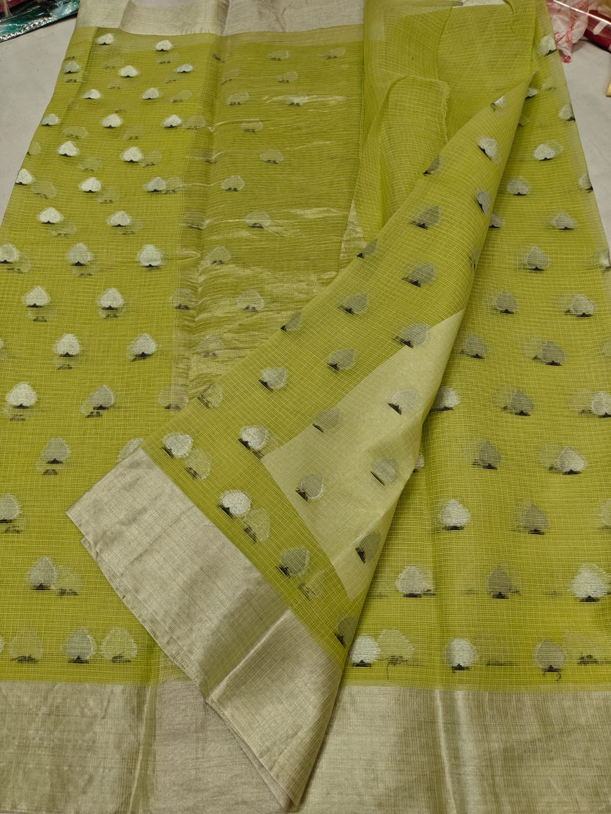 Pure Kota Doria Lime Green Saree with Silver Zari Handwoven Motifs & Border