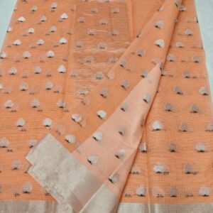 Pure Kota Doria Peach Saree with Silver Zari Handwoven Motifs & Border