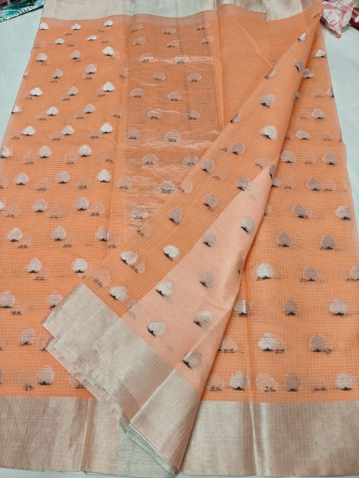 Pure Kota Doria Peach Saree with Silver Zari Handwoven Motifs & Border
