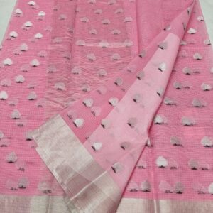 Pure Kota Doria Pink Saree with Silver Zari Handwoven Motifs & Border