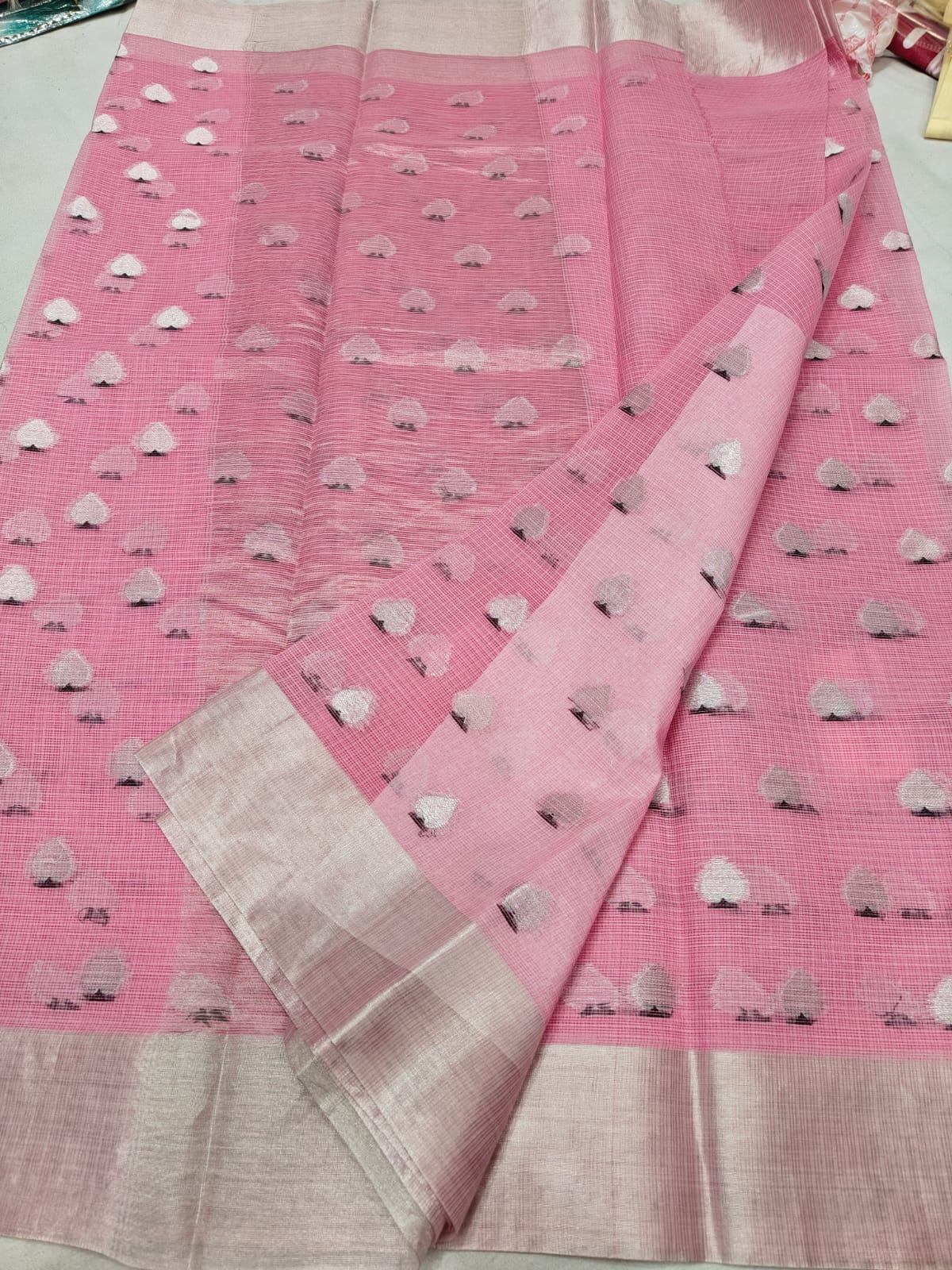 Pure Kota Doria Pink Saree with Silver Zari Handwoven Motifs & Border
